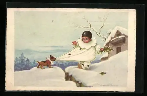 Künstler-AK Castelli: Harlekin und Hund im Schnee
