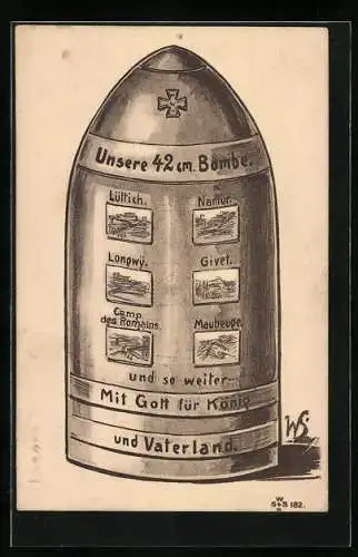 Künstler-AK Willi Scheuermann: Unsere 42cm Bombe