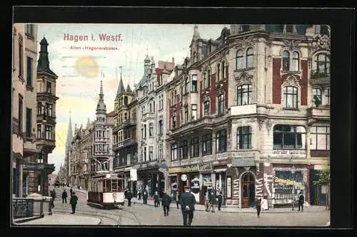 AK Hagen i. Westf., Strassenbahn in der Alten-Hagenerstrasse