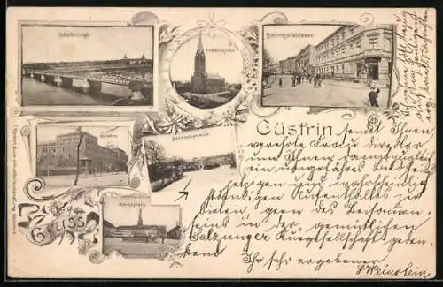 AK Cüstrin, Marktplatz, Oderbrücke, Bahnhofstrasse und Friedenskirche