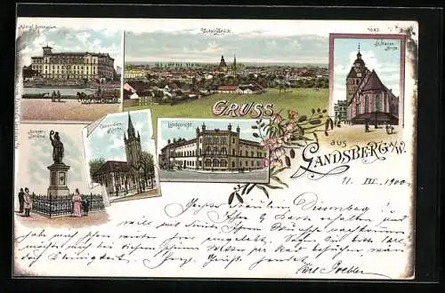 Lithographie Gandsberg a. W., Concordien-Kirche, Königl. Gymnasium, Landgericht