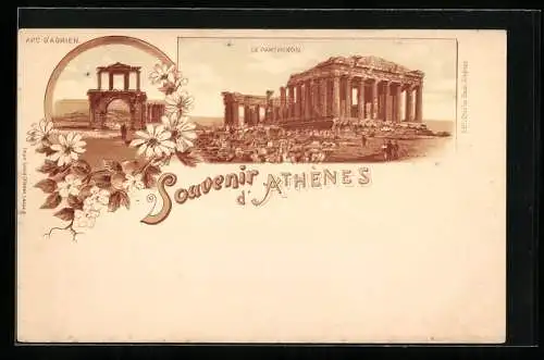 Lithographie Athènes, Arc D`Adrien, Le Parthenon