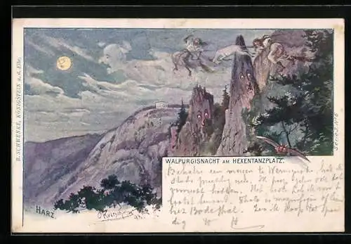AK Schwenke Ser. 3 Nr. 6: Walpurgisnacht am Hexentanzplatz, Berggesichter