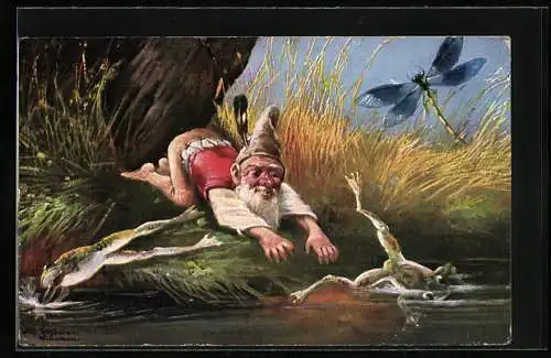 Künstler-AK Alfred Schönian: Zwerg am Ufer mit Fröschen