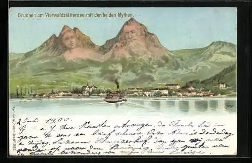 Lithographie Künzli Nr. 5022: Brunnen, Blick vom Vierwaldstättersee aus auf Mythen, Berg mit Gesicht / Berggesichter