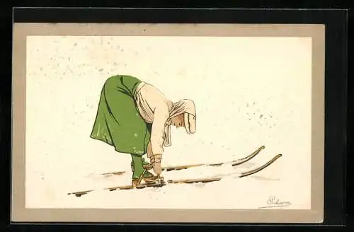 Künstler-AK sign. Pellegrini: eine Frau schnallt sich die Ski an ihre Schuhe