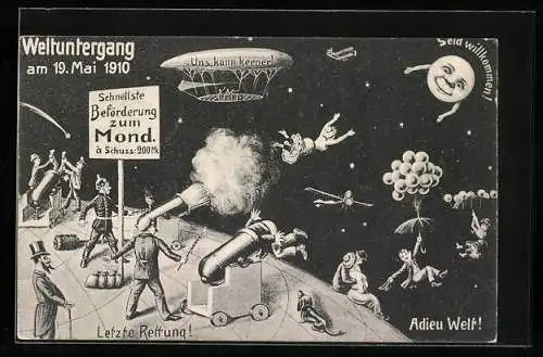 AK Weltuntergang 19. Mai 1900, letzte Rettung Menschen werden zum Mond geschossen, Zeppelin Luftschiff, Dackel