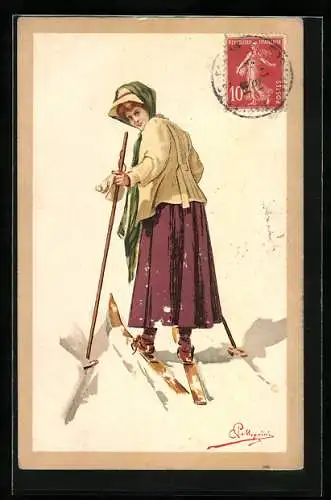 Künstler-AK Carlo Pellegrini: Dame auf Skiern