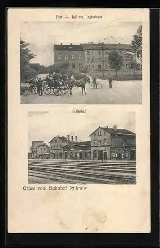 AK Ruhnow, Bahnhof von der Gleisseite, Post und Müllers Logierhaus