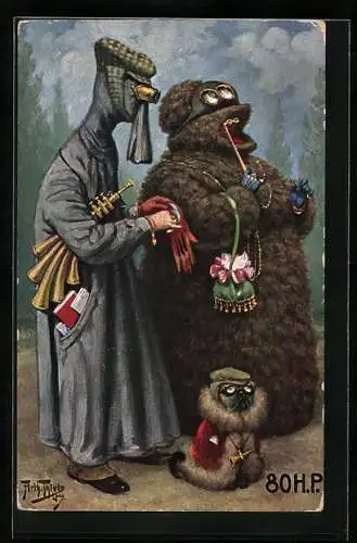 Künstler-AK Arthur Thiele: verkleidetes Paar als Rennfahrer mit Hund, Signalhorn