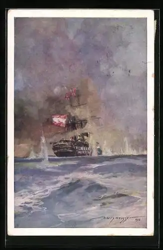Künstler-AK Harry Heusser: Lissa, Seeschlacht, Kriegsschiff S.M.S. Kaiser im Gefecht