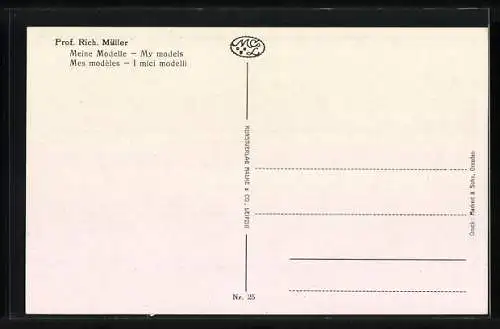 Künstler-AK Richard Müller: Serie V. komplett, 6 AK mit Hülle, Tänzerin, Türkin, Auf der Schaukel, Meine Palette