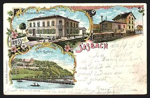 Lithographie Sasbach / Rhein, Gasthaus zum Bahnhof, Bahnhof, Ruine Limburg