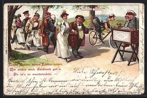 Lithographie Paar möchte wegen des leckeren Biers zu Fichtner und trifft einen Leierkastenmann