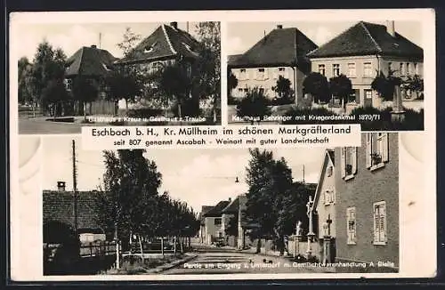 AK Eschbach / Müllheim, Gasthaus zum Kreuz und Gasthaus zur Traube, Kaufhaus Behringer mit Kriegerdenkmal 1870-71