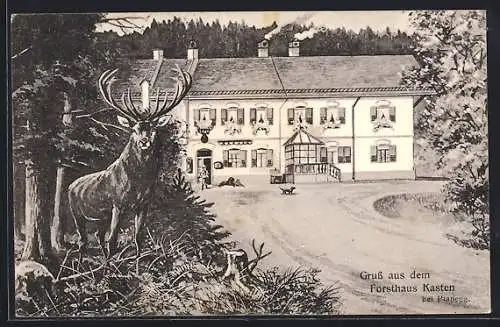 Künstler-AK Gauting, Gasthaus Forsthaus Kasten und Hirsch