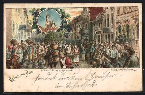 Lithographie Bühl / Baden, Partie auf dem Bühler Frühzwetschgenmarkt, Kolonialwarengeschäft