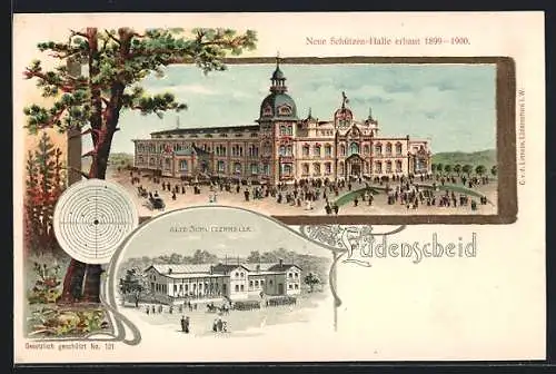 Lithographie Lüdenscheid, Gasthaus Alte Schützenhalle, Gasthaus Neue Schützen-Halle erbaut 1899-1900