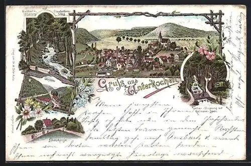 Lithographie Unterkochen, Gasthaus Läuterhäusle, Glashütte, Teilansicht