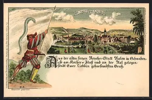 Lithographie Aalen, Ansicht der Stadt Anno 1791, Landsknecht mit Fahne