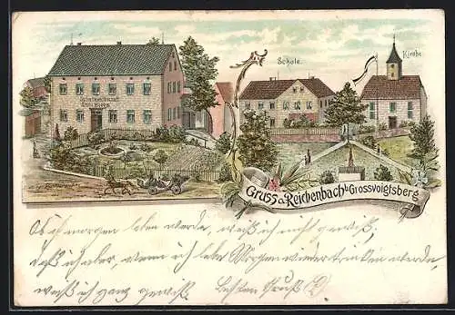 Lithographie Reichenbach b. Grossvoigtsberg, Gasthaus Schankwirtschaft Emil Ziegs, Schule und Kirche