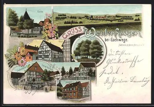 Lithographie Weidenhausen bei Eschwege, Gasthaus von Conrad Berneburg, Schulhaus, Kirche