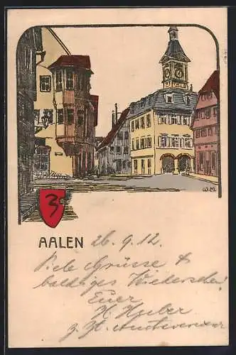 Künstler-AK Aalen, Strassenpartie mit Rathaus