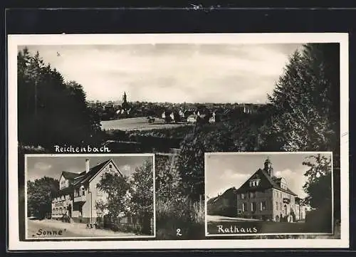 AK Reichenbach / Karlsruhe, Gasthaus Sonne, Rathaus, Gesamtansicht aus der Ferne