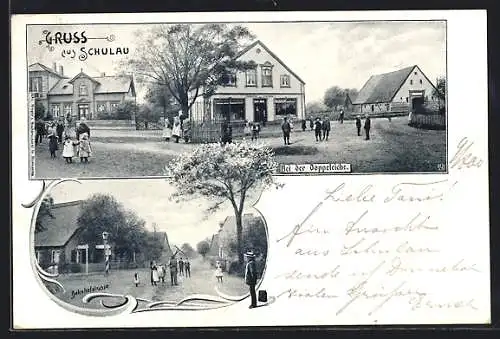 AK Schulau, Ortspartie bei der Doppeleiche mit Geschäftshaus und Kindern, Bahnhofstrasse