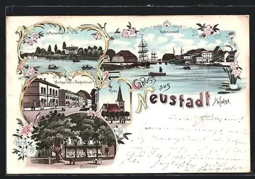 Lithographie Neustadt i / Holst., Marienbad, Julienbad, Hafenansicht