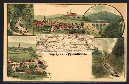 Lithographie Unterkochen, Ortsansicht, Schloss Neresheim, Heiligental