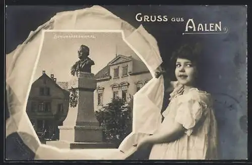 Passepartout-AK Aalen, Partie mit Schubartdenkmal, präsentiert von einem Mädchen