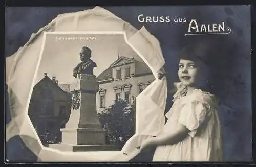 Passepartout-AK Aalen, Ortspartie am Schubartdenkmal, Kleines Mädchen