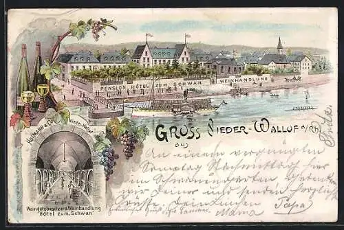 Lithographie Niederwalluf a. Rh., Hotel zum Schwan mit Weinhandlung Hofmann & Co.