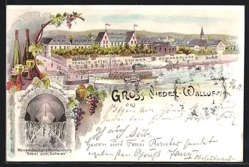 Lithographie Niederwalluf a. Rh., Pension und Hotel zum Schwan mit Weinhandlung Hofmann