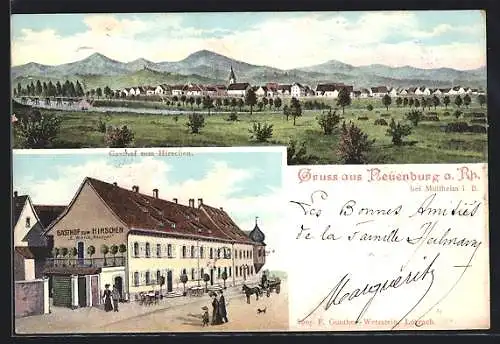 AK Neuenburg a. Rh. /Müllheim, Gasthof zum Hirschen E. Wenk mit Strasse, Ortspanorama mit Bergen