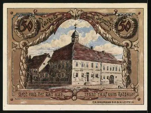 Notgeld Jessnitz 1921, 50 Pfennig, Rathaus