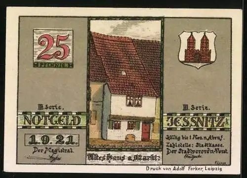 Notgeld Jessnitz 1921, 25 Pfennig, Altes Haus am Markt