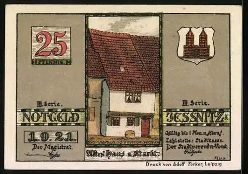 Notgeld Jessnitz 1921, 25 Pfennig, Altes Haus am Markt