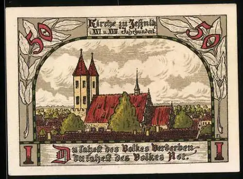 Notgeld Jessnitz 1921, 50 Pfennig, Kirche, Altes Haus am Markt