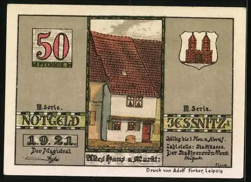 Notgeld Jessnitz 1921, 50 Pfennig, Kirche, Altes Haus am Markt