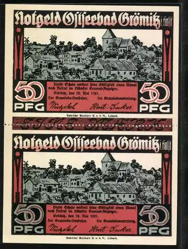 Notgeld Grömitz i. Holst. 1921, 50 Pfennig, Strandleben, Ortsansicht