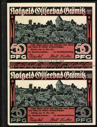 Notgeld Grömitz i. Holst. 1921, 50 Pfennig, Strandleben, Ortsansicht