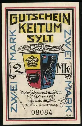 Notgeld Keitum /Sylt 1921, 2 Mark, Wappen, Landkarte