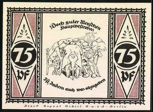 Notgeld Stolzenau / Weser, 1921, 75 Pf, Wohnhaus- und Eichenansicht von Wilhelm Busch sowie Zeichnung beim Essen