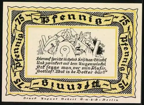 Notgeld Stolzenau / Weser 1921, 75 Pfennig, Wiedensahl Geburtsort des Dichters Wilhelm Busch