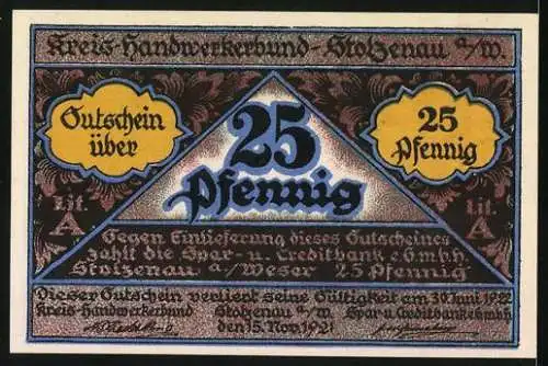 Notgeld Stolzenau 1921, 25 Pfennig, Handwerk hat goldenen Boden und kunstreiche Hand