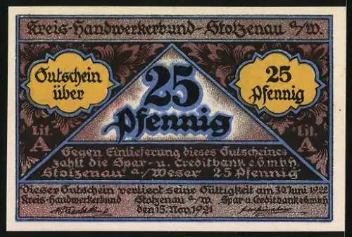 Notgeld Stolzenau 1921, 25 Pfennig, Handwerk hat goldenen Boden, Gutschein über 25 Pfennig