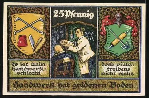 Notgeld Stolzenau, 1920, 25 Pfennig, Dreieckesdesign Handwerkskunst und Barber Szene