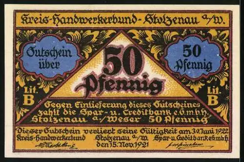 Notgeld Stolzenau /Weser 1921, 50 Pfennig, Handwerker mit Symbolen des Handwerks und Sprüchen